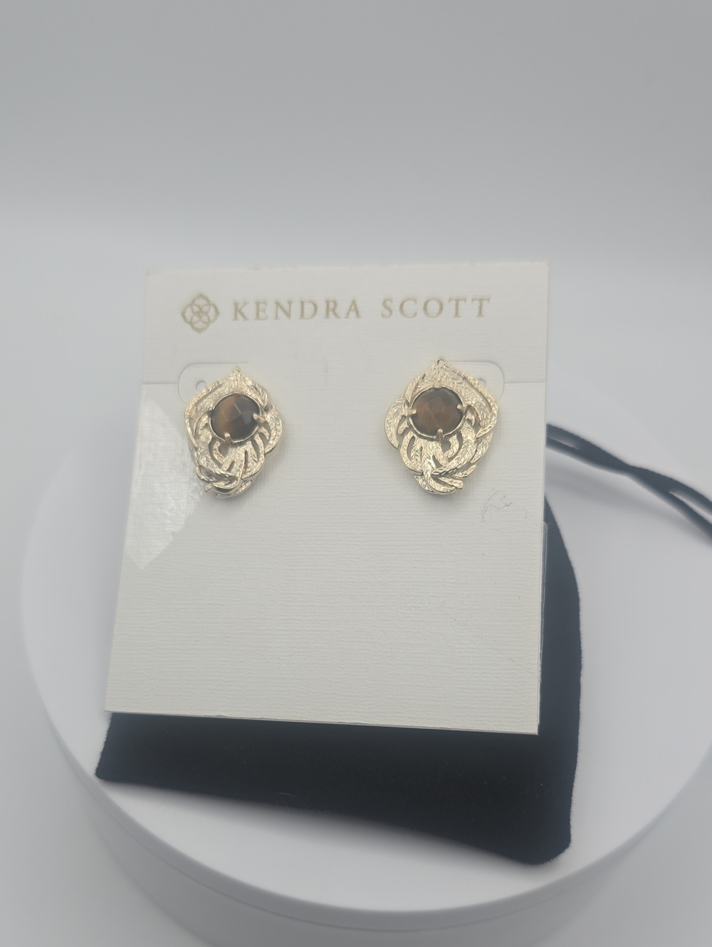 Kendra Scott Gold Leaf Stud Earrings W Brown Tigers Eye Stone Center (NWOT)✨🤎✨️